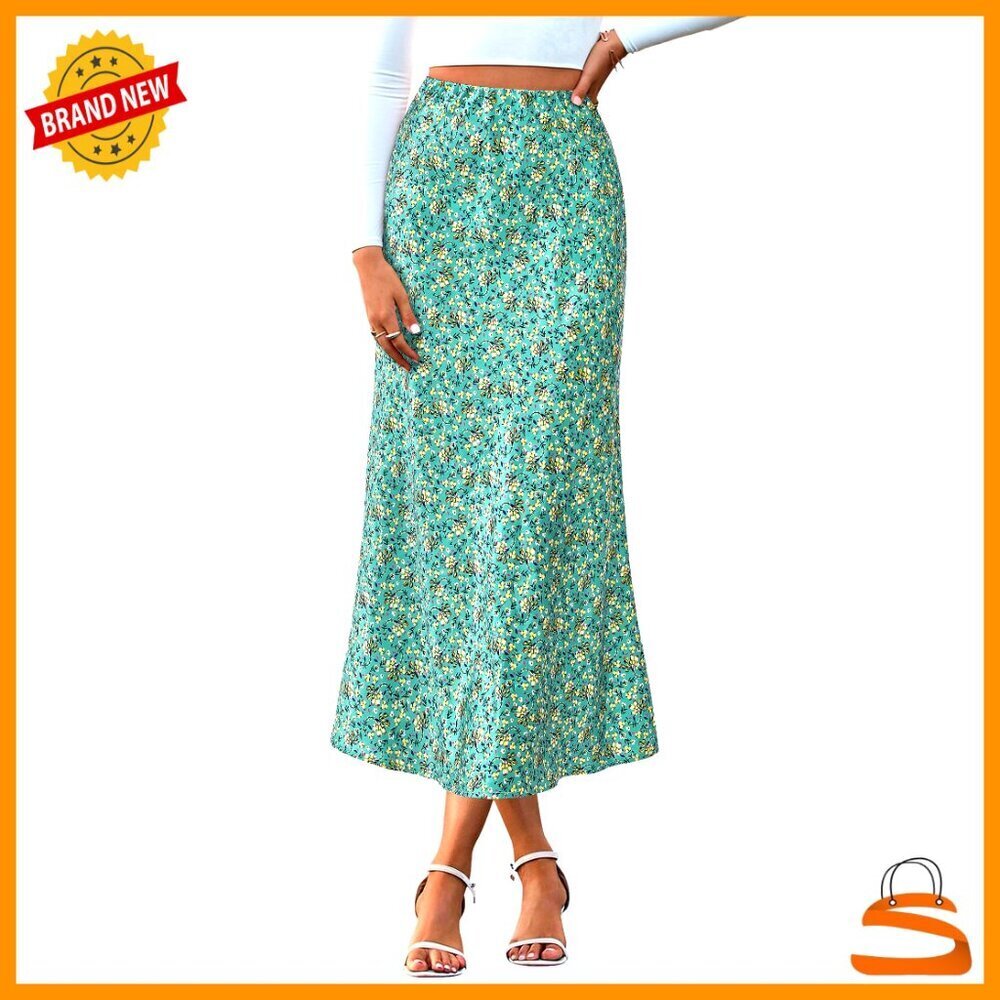 Satin Midi Skirt High Waisted A-Line Leopard Floral Print Cocktail Wedding